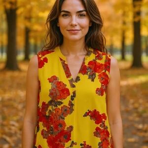 Joules - NWT, Floral Chiffon, Sleeveless, V-Neck, Lemon Colored, Blouse, Size 6